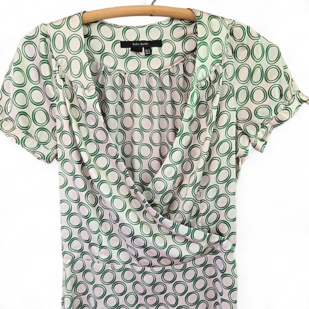 Zara Basic Womens Elastic Waist Dress Draped Neck Circle Print Green/White M - Picture 3 of 8